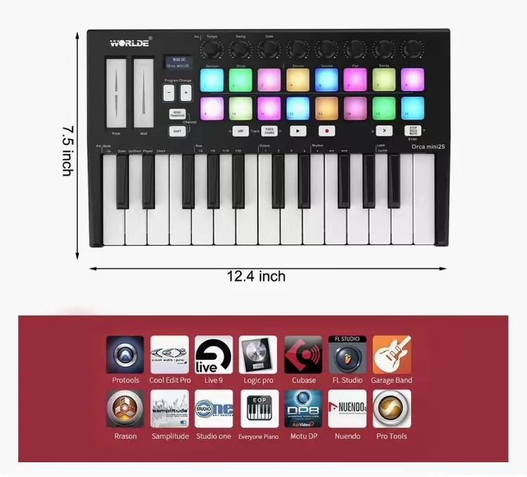 Worlde орка мини, как Novat1on, мини MK3, музыкальный пианино, студийная MIDI-клавиатура, контроллер, 25 клавиш