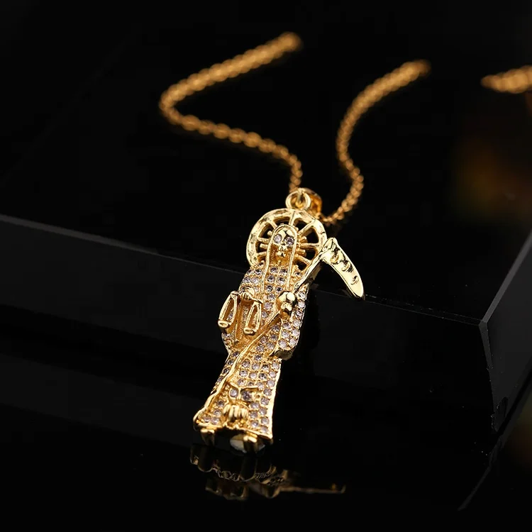 Punk Style Fashion Luxury 18K Gold Plated Copper CZ Crystal Zircon Death Scythe Pendant Necklace for Women Men
