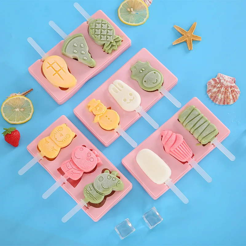 D-0026 Hot Selling 3 Cavities Silicone Ice Cream Pop Maker Mold Silicone Popsicle Mold Silicone Ice Lolly Moulds