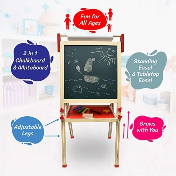 Custom Hot Sale Kids Gift Stand Easel Children Toys Wooden 2 in 1 Blackboard Kids Learning Drawing Chalkboard