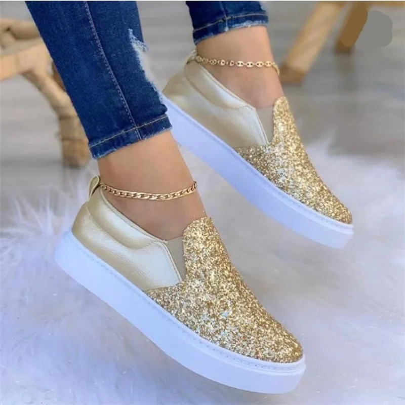 New Spring Summer Plus Size Women Fashionable Sequin Sneakers Outdoor Leisure Gold Flat Shoes Ladies Comfortable Loafers