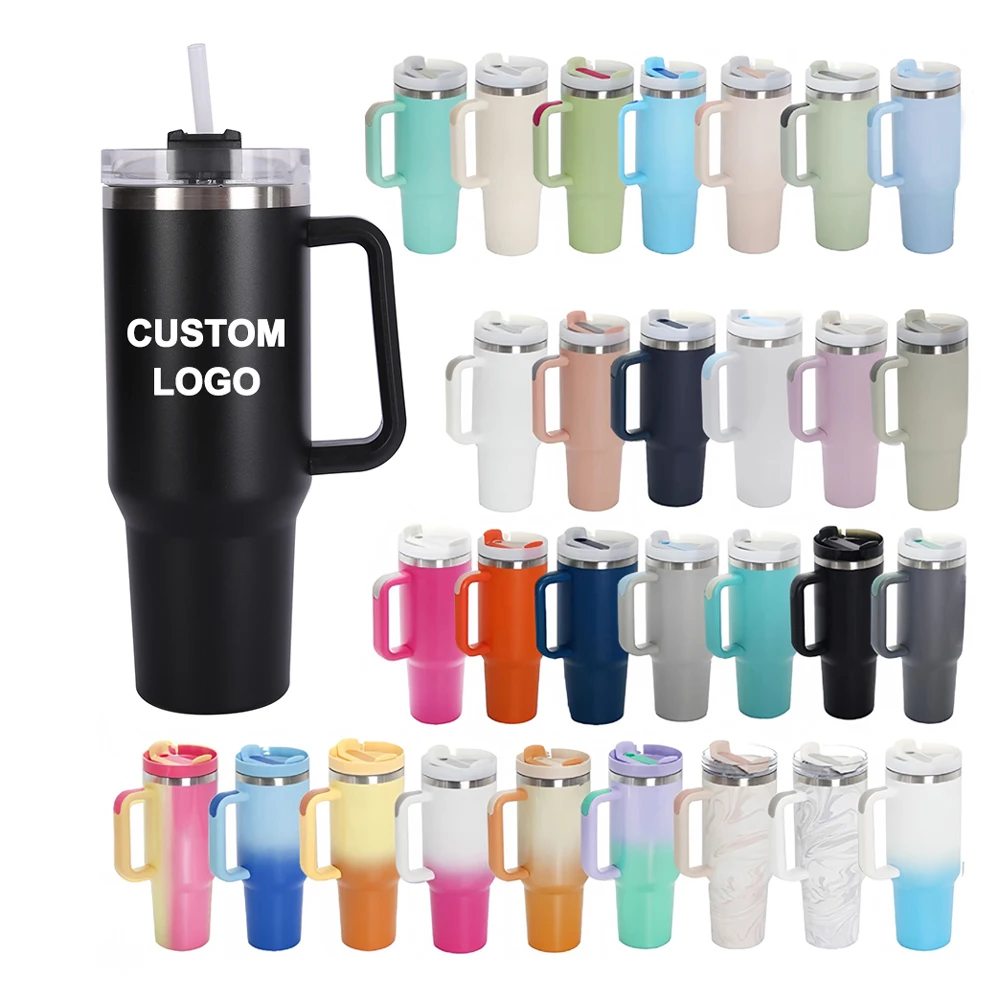 40 oz Custom Logo Stainless Travel Mug with Handle Lid and Straw-40oz Tumbler Cup for Coffee and Water Glass Bottle