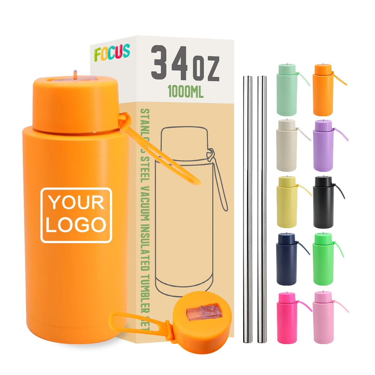 Custom Logo Orange Large Capacity 34oz 1L Sports Gym Stainless Steel Tumbler Insulated Drink Bottle X1 Vacuum Flask Water Bottle