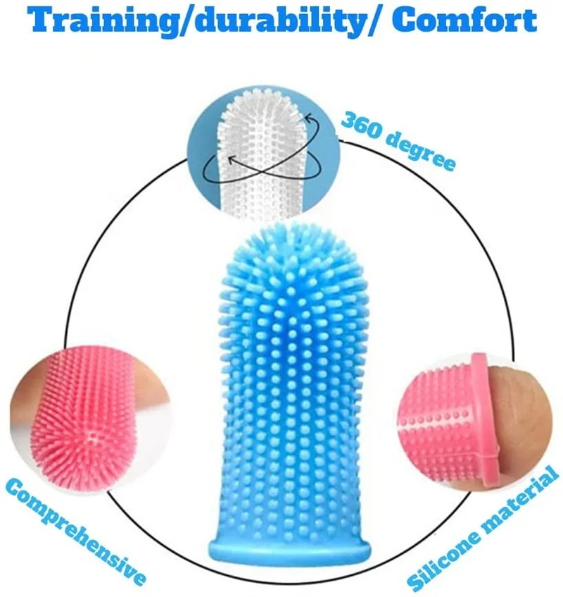 Easy Teeth Cleaning Full Surround Bristles 360 Degree Silicone Dog Finger Brush Toothbrush for Puppies, Cats and Small Pets
