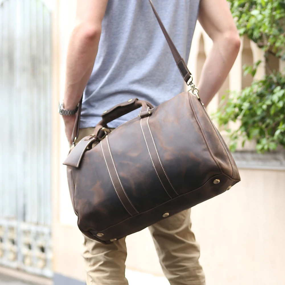 Custom Logo Material Large Capacity Men 100% Full Grain Leather Holdall Weekender Luxury Leather Travel Duffel Bag for  Outdoor