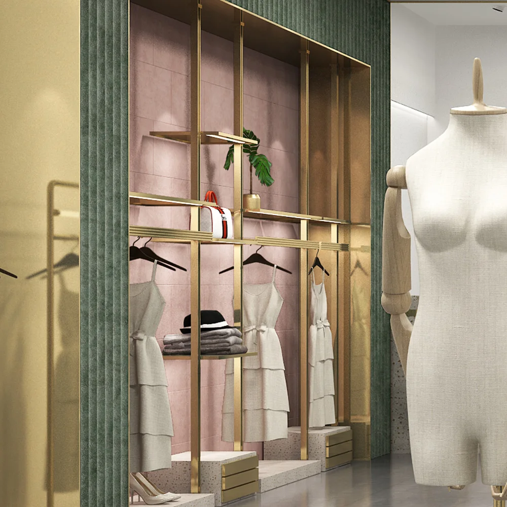 Clothes Retail Fixtures Display Rack Against Wall With LED Light Shop Fittings Wooden Clothes Shelf Stacking Racks Shelves