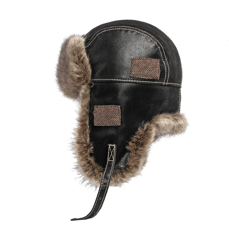 New Fashion Mens PU Leather Winter Thick Warm Pilot Russian Style Aviator Trooper Hats with Ear Flap