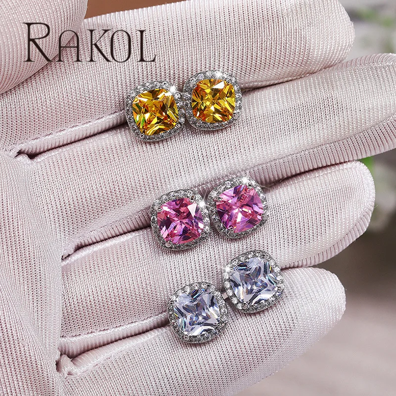 RAKOL ZPE8891 Oval Gemstone Square Diamond Stud Earrings Silver Plated Full Of Cubic Zircon Insert Studs Earrings