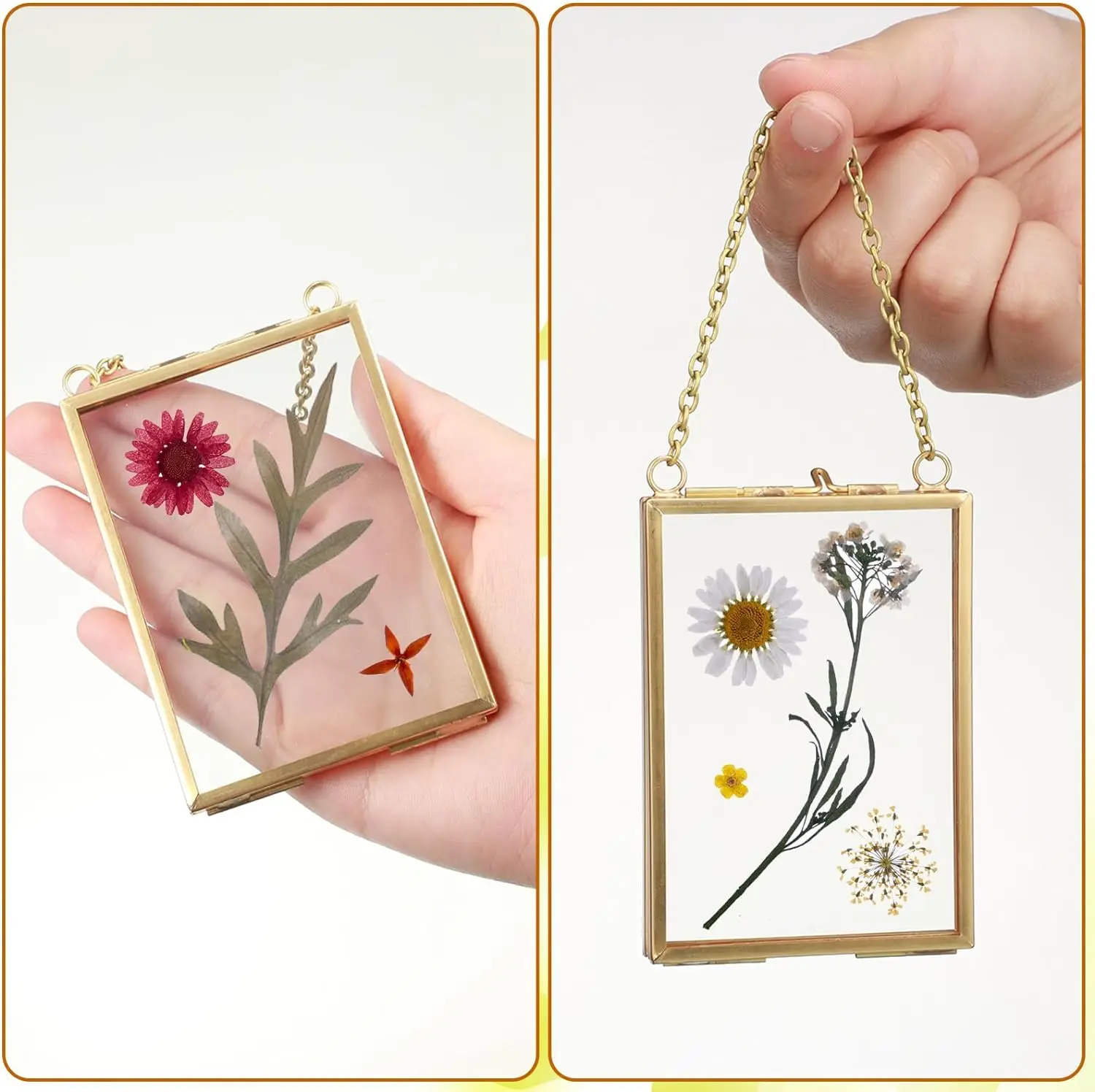 Glass crafts Pressed Flowers 3.5 x 2.5 Inch, Double Floating Picture Frames Brass Hanging Photo Frame with Chain Wall Decor
