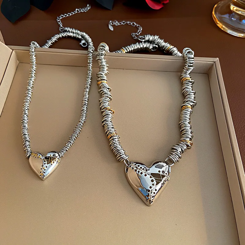 Fashion Lady Silver Plate Beaded Chain Repairing Love metal choker Heart Broken Necklace For Women exaggerated jewelry wholesale