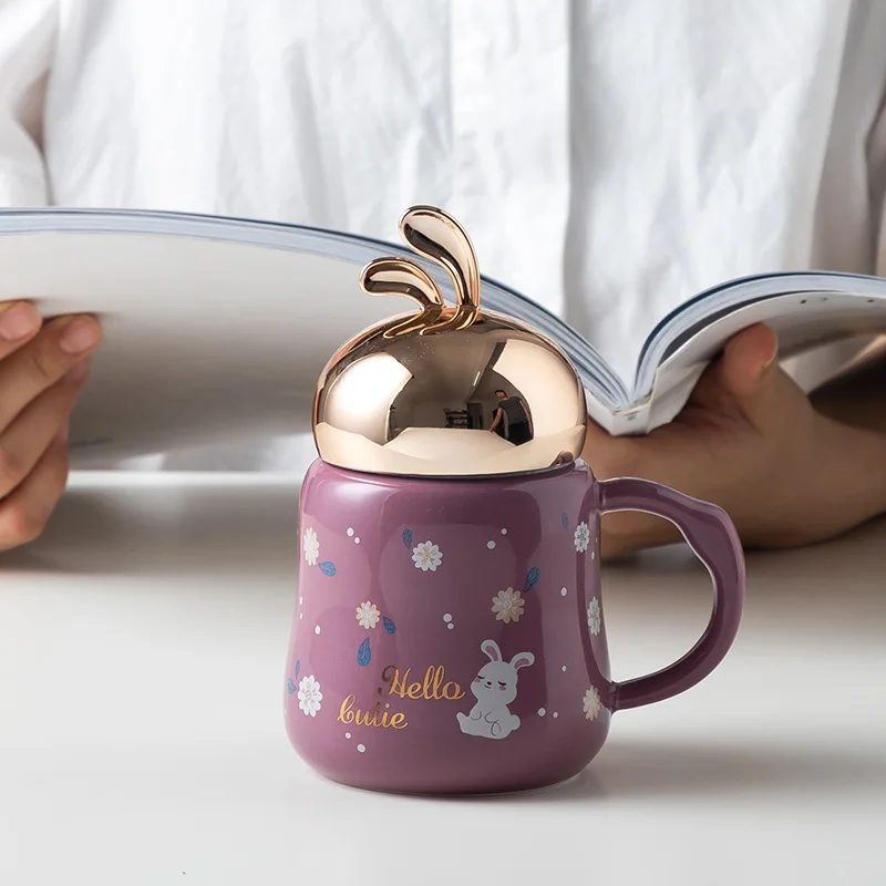 Creative personalized cute animal cartoon rabbit ceramic mug mirror kids coffee cups and funny mugs unique for children and girl
