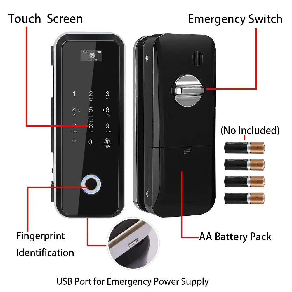 OEM Service Touch Screen Password Fingerprint Biometric Door Lock For Glass Door