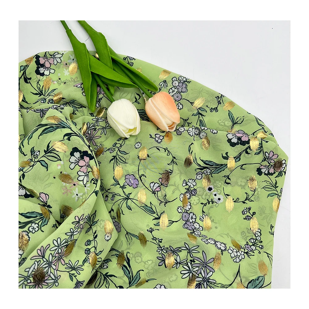 Wholesale soft plain 100% polyester chiffon fabric green floral textured chiffon fabric polyester
