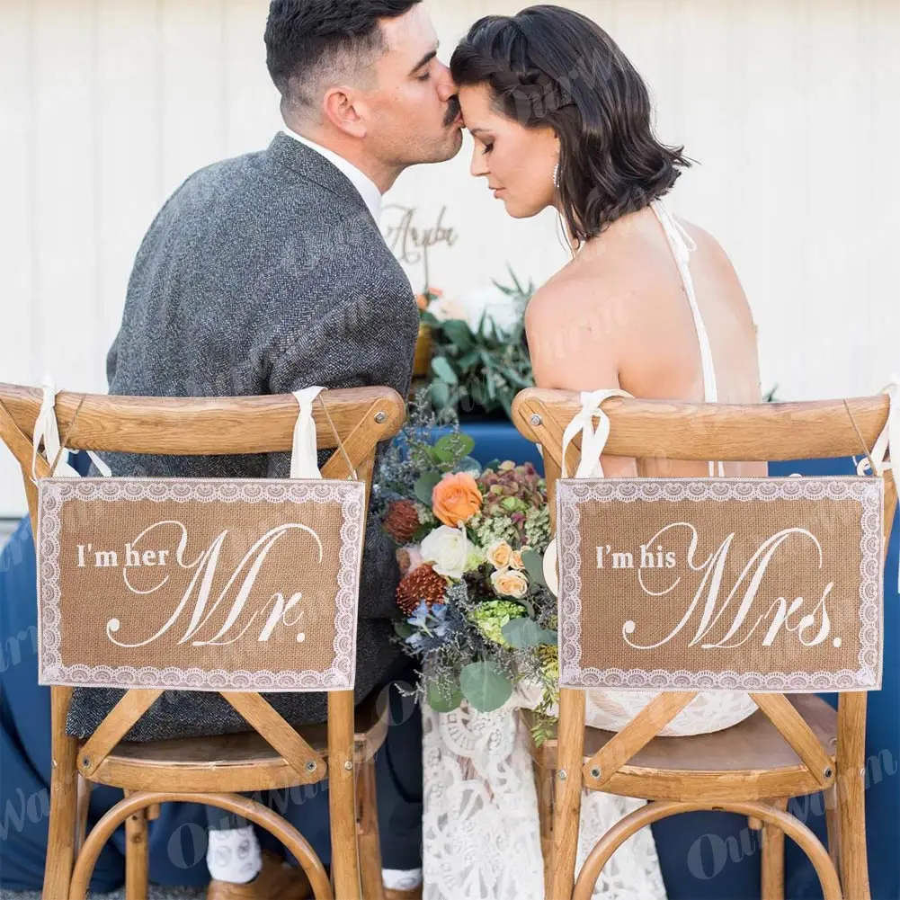 Wedding Decoration Linen Vintage Style Mr & Mrs Chair Banner Bride and Groom Chair Signs Party Decoration Wedding Decorations
