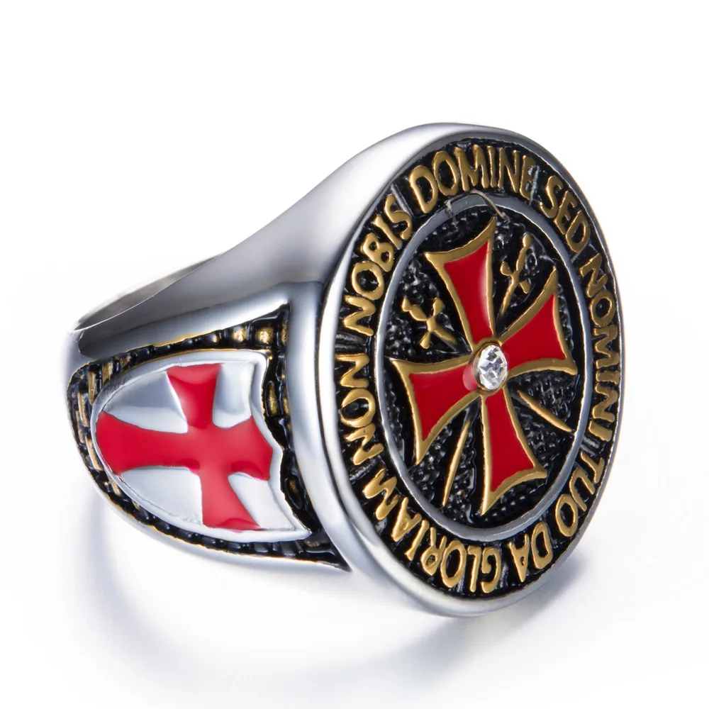 Crusader Titanium Steel Ring Diamond Red Cross Stainless Steel Domineering Templar Knight Ring
