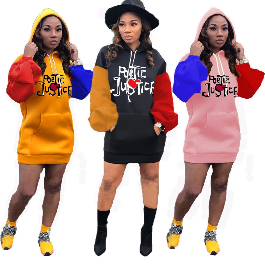 2021 Fashion Hoody Sweater Dress women clothing Letter Print Casual Sweatshirt Dress With Hoodie pullover Puff sleeve sweatshirt