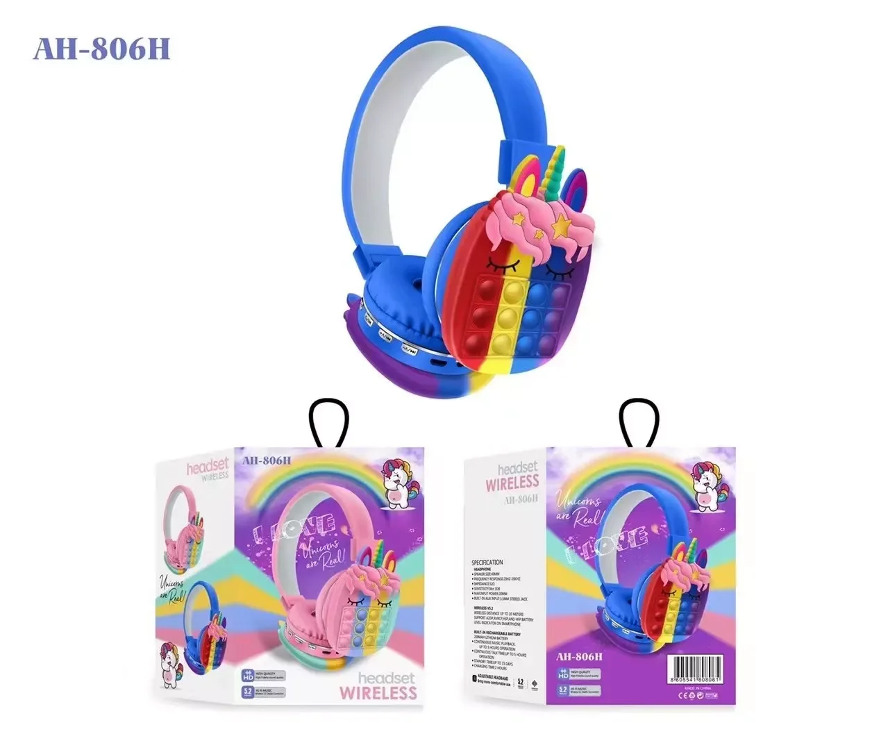 AH-806H Rainbow Bubble Foldable Wireless Stereo Unicorn Headphones Silicone Pop-Up Stress Relief Toy Headphones