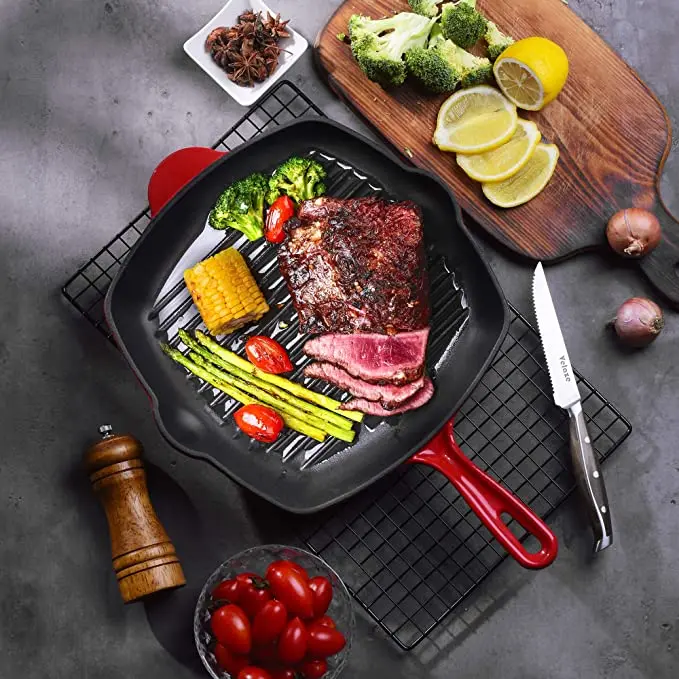 Nonstick Square Cast Iron Skillet Grilling Pan, Enameled Cast Iron Skillet Steak Pan with Side Drip Spout