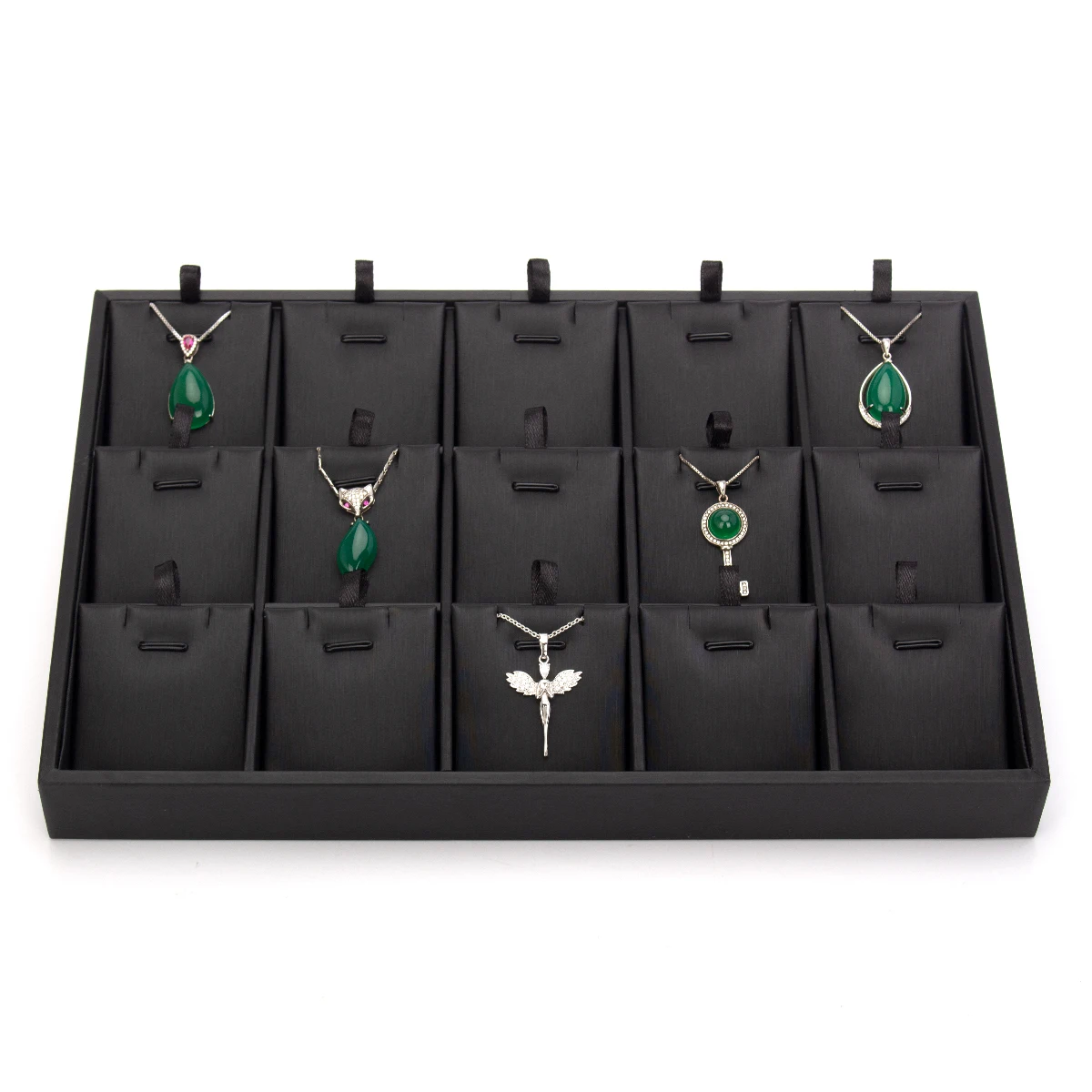 300*200*30 Wholesale Black Brushed PU Leather 15 Girds Pendant Jewelry Display Tray Showcase