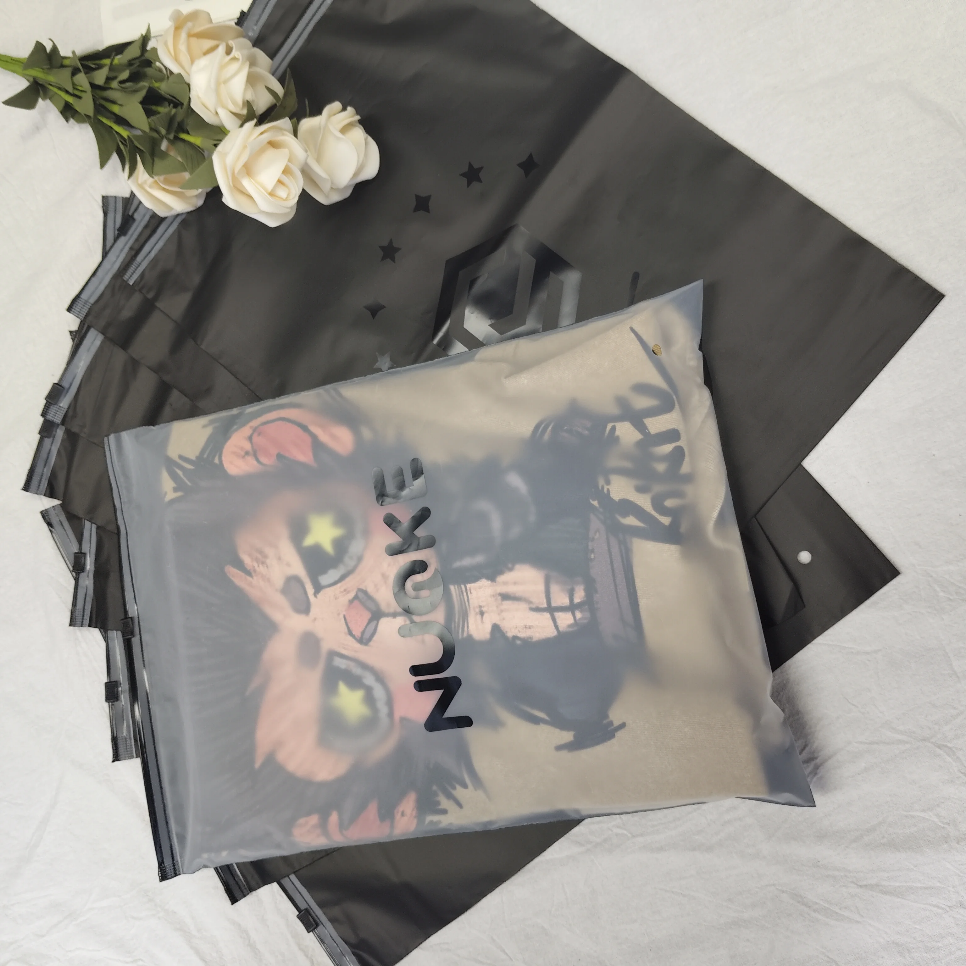 Custom own logo printed clothing garment clothes t shirt packing  zipper frosted plastic packaging bag