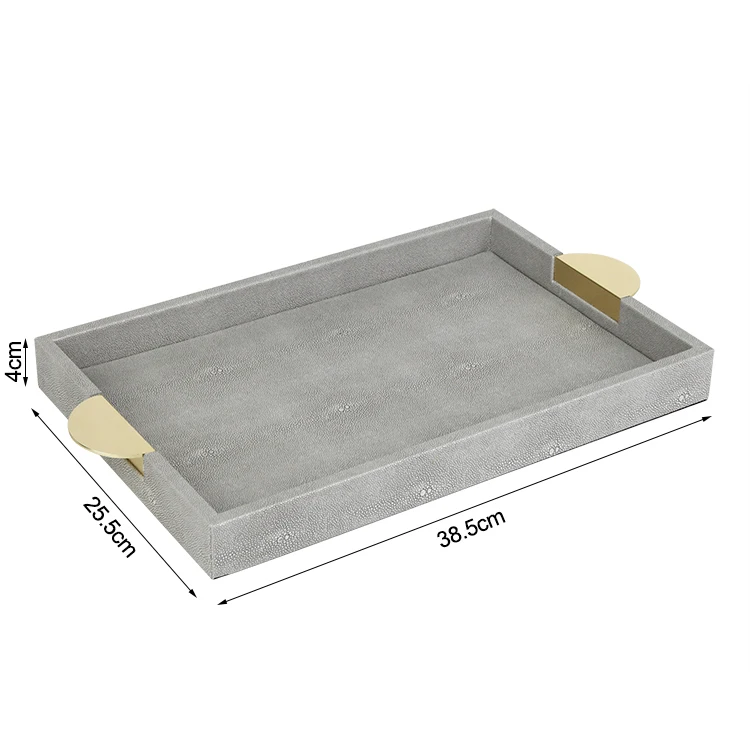 Luxury shagreen leather with mdf and semicircular gold handles decorative tray for coffee table