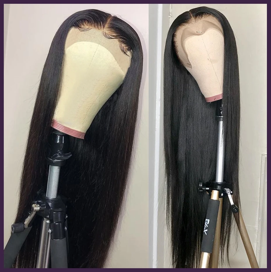 MuShang Popular Natural Straight  Hair Wigs For Girl Lace Frontal Closure 100% Brazilian Black Remy Virgin Human Hair Wigs