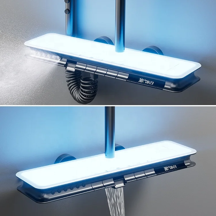 Digital Display Smart Mixer with LED Light 6 Function Piano Button Shower Gun Metal Thermostatic Shower Set