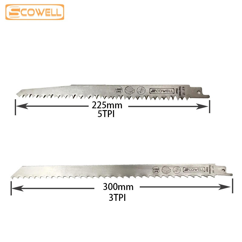 3PCS 9Inch 5TPI Stainless Steel Reciprocating Saw Blades Meat Bone Cutting 2PCS 12 Inch 3TPI Sabre Saw Blade For Wood