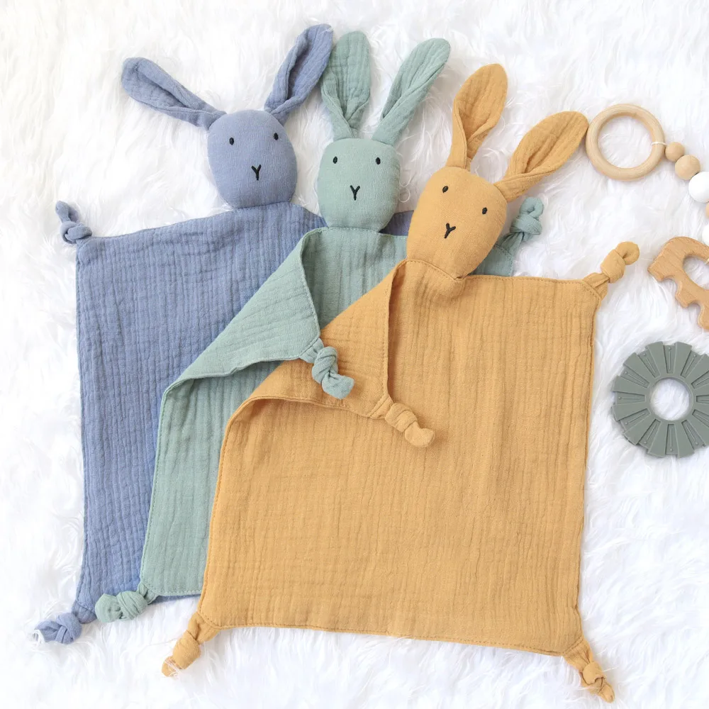 20232 New 100% cotton Gauze Ins Hot Sale Rabbit Bunny Head Toy Baby Lovey Baby Comforter Muslin Security Blanket