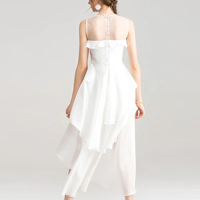 Elegant White Layered Mesh Ruffles Ladies Evening Midi Dress