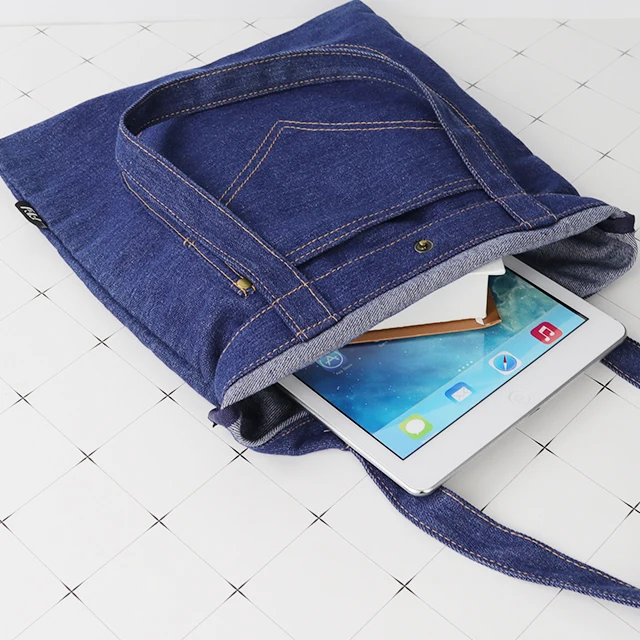 Custom Logo Denim Shoulder Shopping Navy Blue Casual  Jean Tote Bag Denim
