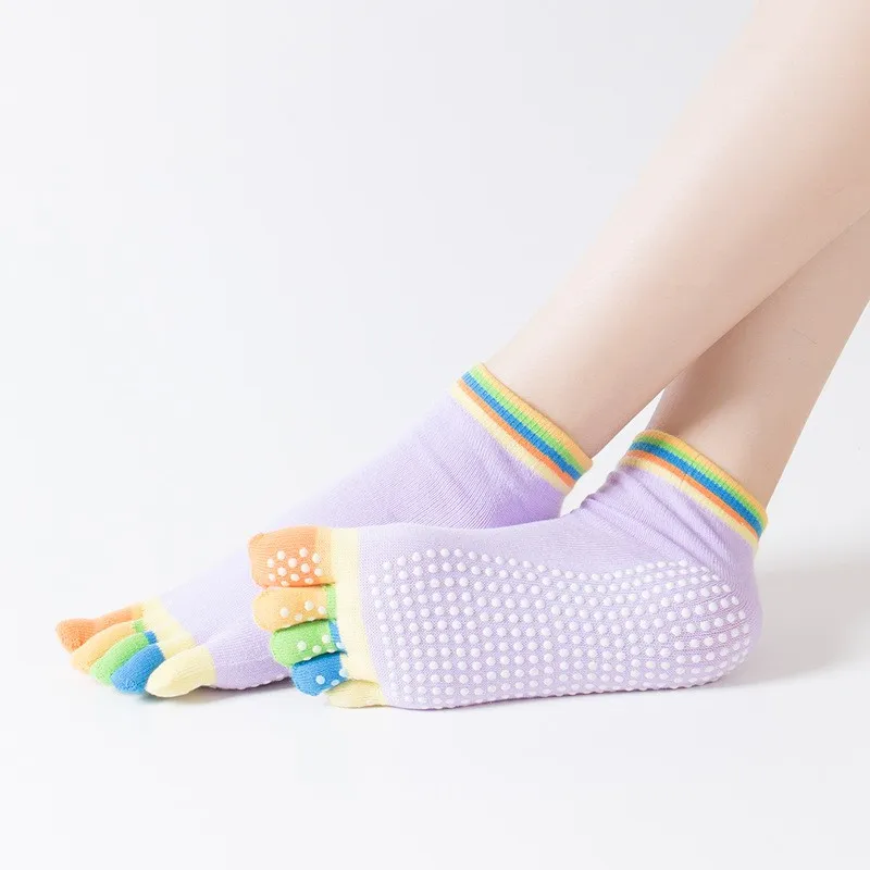 Wholesale Breathable Rainbow 5 Finger Socks Pillates Women Non-slip Toe Grip Yoga Socks
