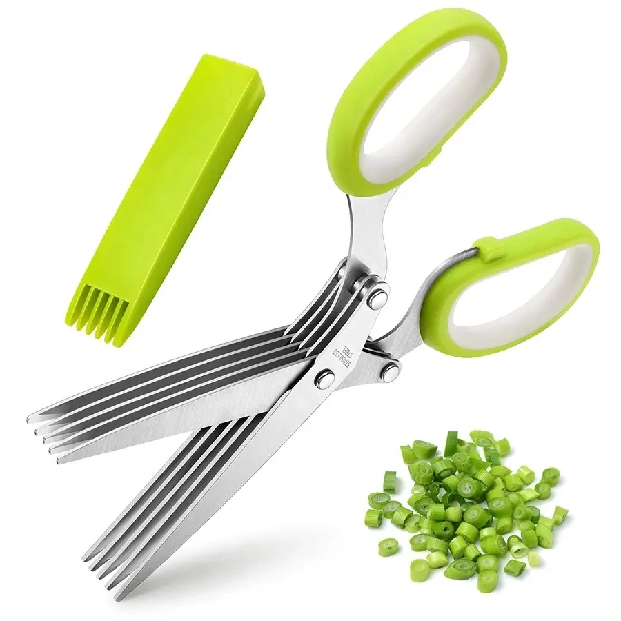 Stainless Steel 5 Blade Kitchen Scissors Multipurpose Cutting Shears Herb Scissors with Safety Cover and Cleaning Comb