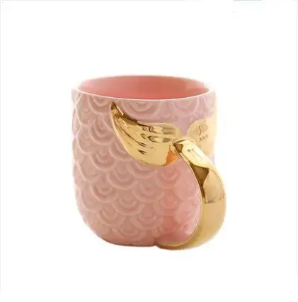 2021 Ins new design mermaid pattern glazed plain milk tea porcelain cup pink tazas travel ceramic coffee mug with gold