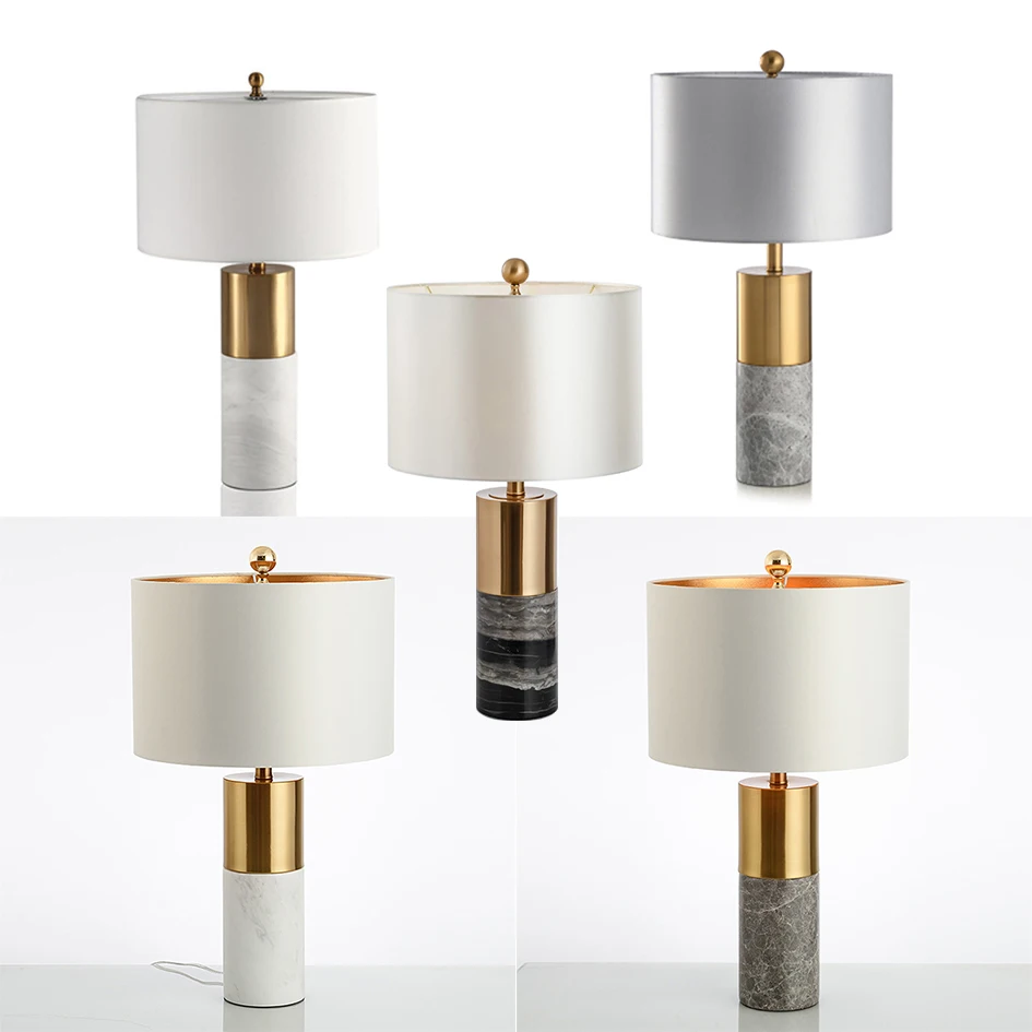 American Modern Marble Fabric Minimalist Decorative Bedside Table Lamp Light for Indoor Bedroom Living Room