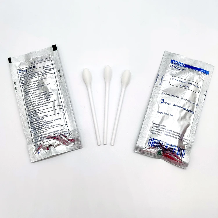 Amsino CE ISO other disposable medical items consumable sterile Portable  3Pcs Cotton BZK Antiseptic Swab Stick for disinfection