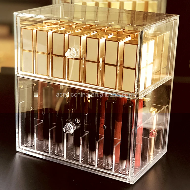 acrylic custom transparent acrylic lipstick showcase storage box- 2 drawer desktop lipstick display box suitable for store home