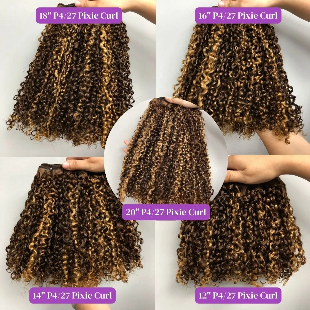 Highlight Color Brazilian Virgin Cuticle Aligned Pissy Curls Hair Extension,Super Double Drawn Pixie Curl Human Hair Bundles