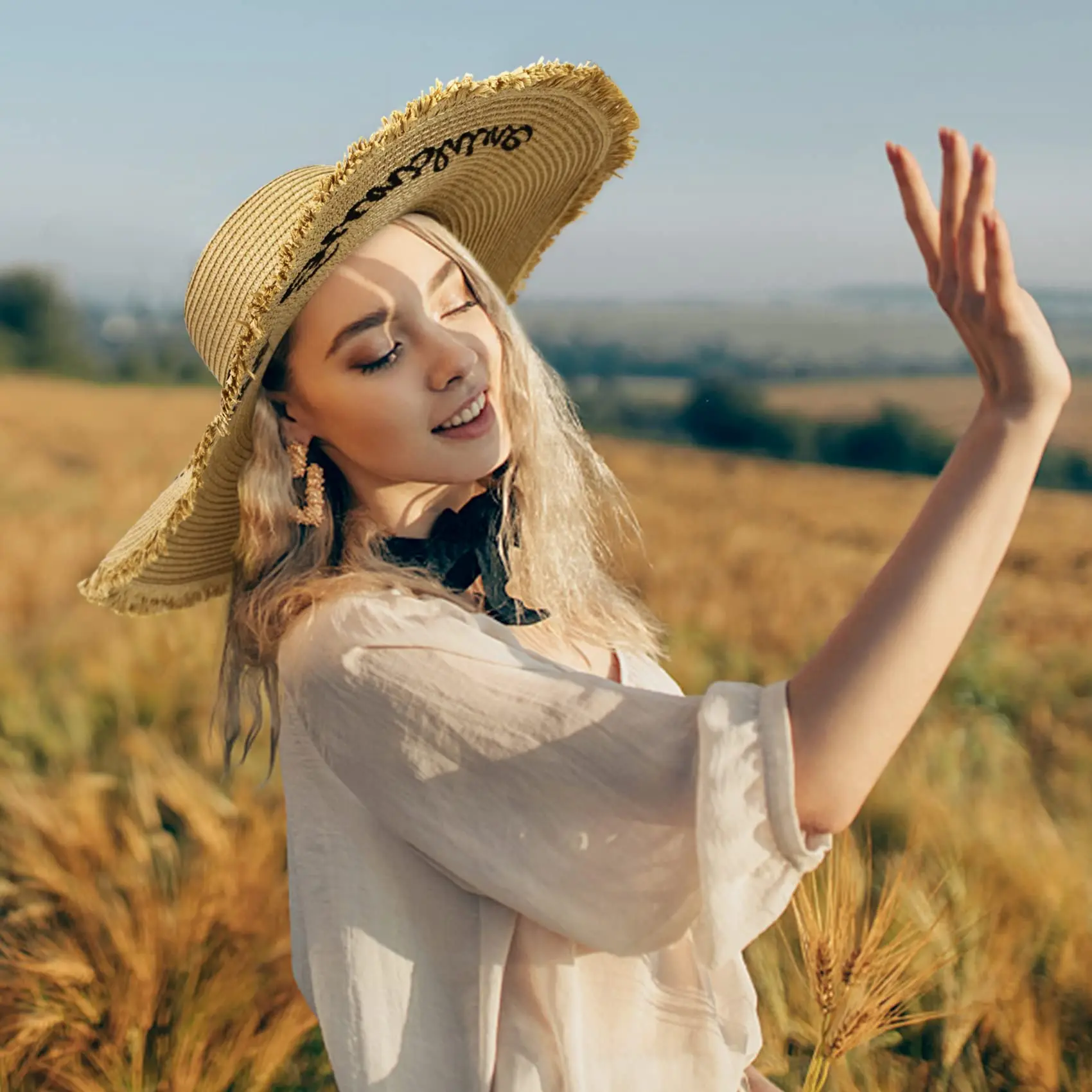 UPF 50+ UV Protection Embroidered Womens Sun Hat Beach Hats For Women Wide Brim Foldable Floppy Straw Hat