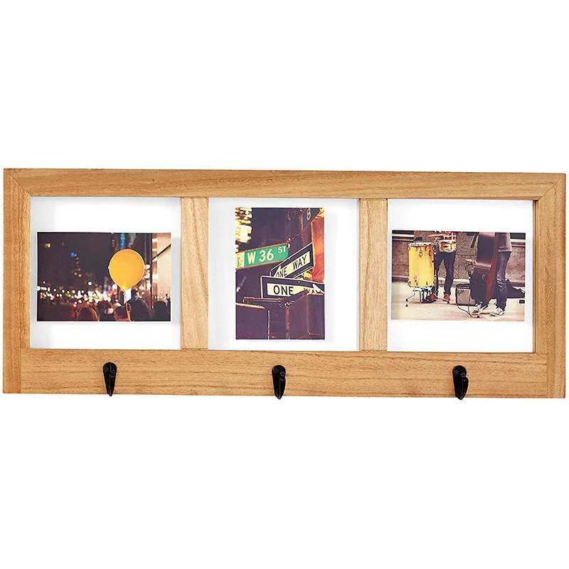 Rustic Wall Mounted Wooden Picture Frame with Metal Key Hook.