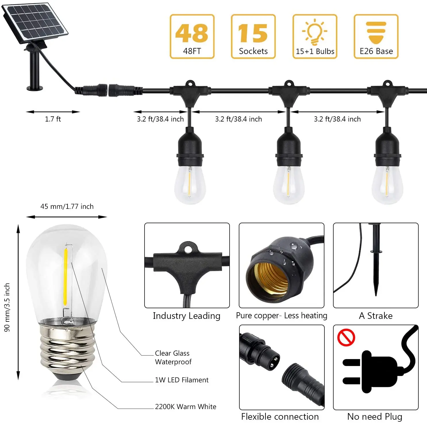 LED Outdoor Garden S14 String Lights Solar Powered, 48FT Hanging 15+1 LED Edison Bulbs E27 Sockets Outdoor Warm White Festoon Li