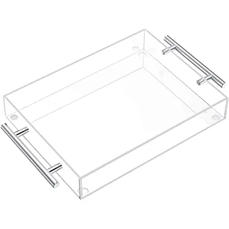 Custom Clear Acrylic Lucite Serving Trays with Metal Gold or Cutting Handles, Bottom Insert and UV Printing Decorative Trays