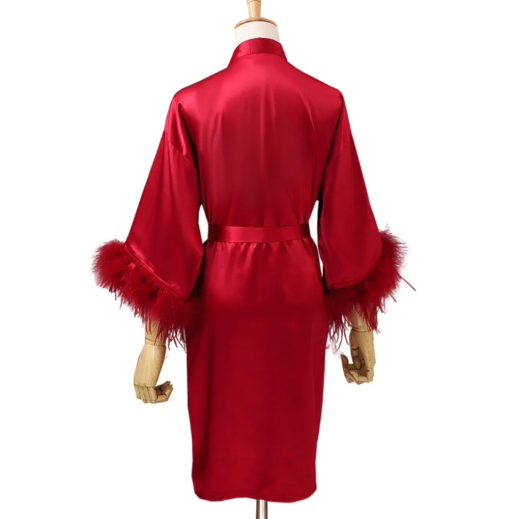 2021 Ostrich Feather Silk Satin Pajama Pink Pajamas With Feathers Wedding Bridal Party Satin Feather Robes