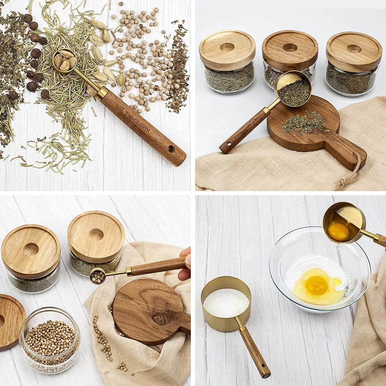 8 Piece Stainless Steel Gold Measuring Cups and Spoons Set with Wood Handle