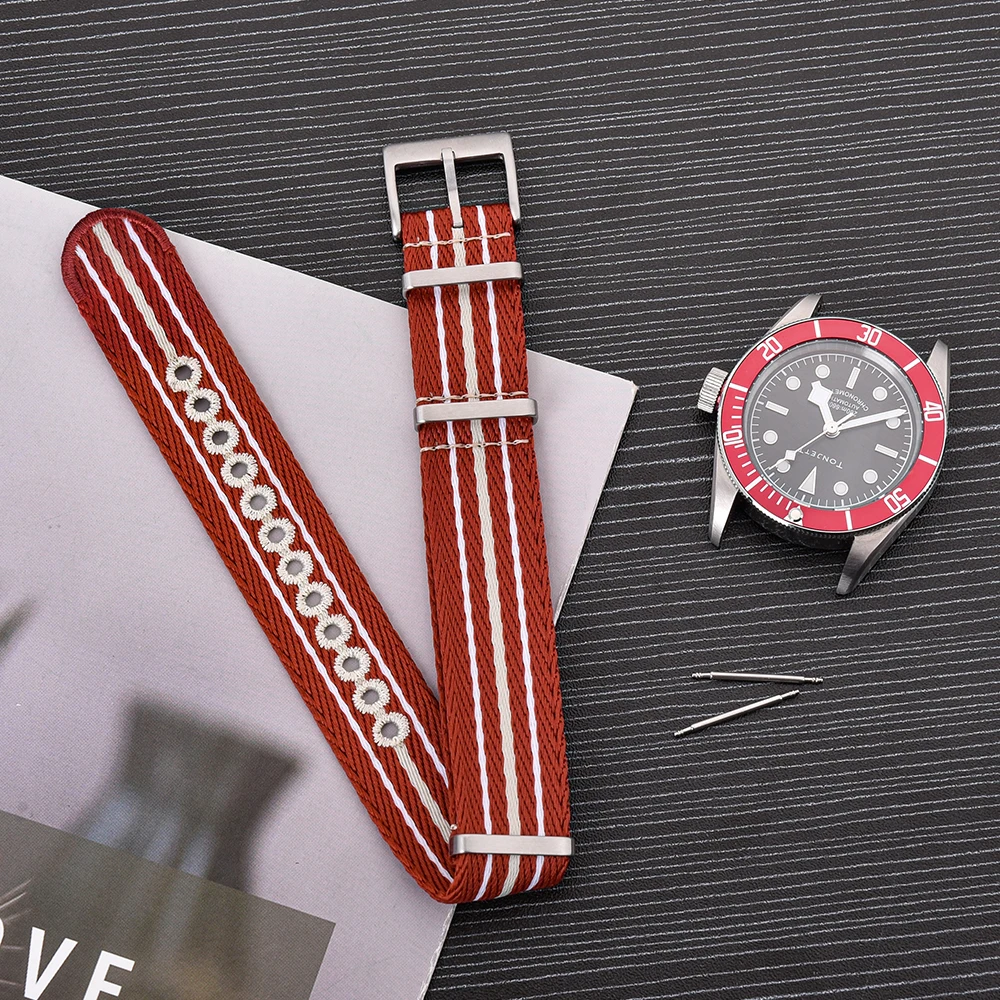 JUELONG Embroidery Nylon Striped Recycled Watch Straps 20mm 22mm Single Pass Eco-Friendly Watch Straps