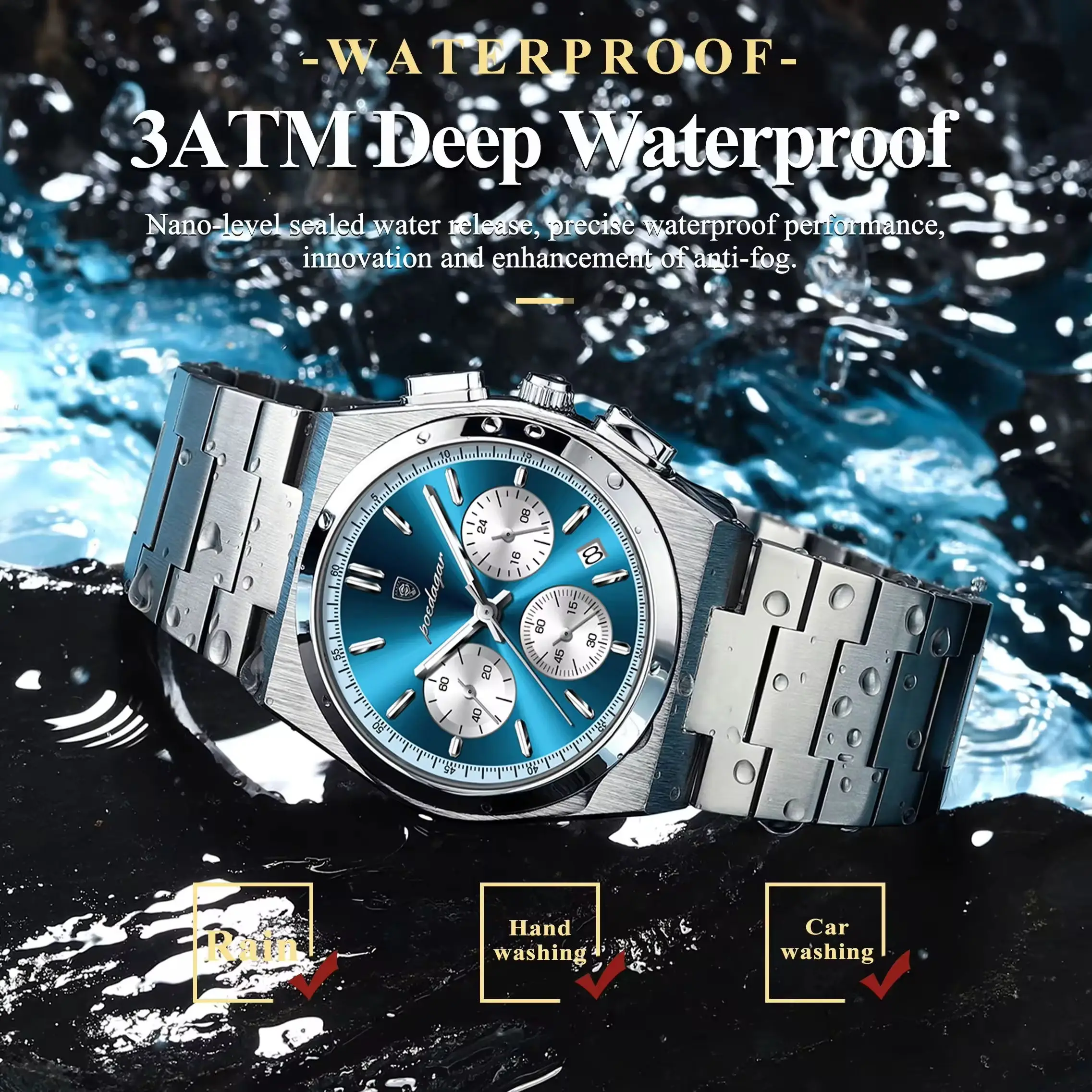 POEDAGAR 970 3 Small Dials Working Quartz Watches Waterproof Luminous Stainless Steel Band Chronograph Men Wristwatches