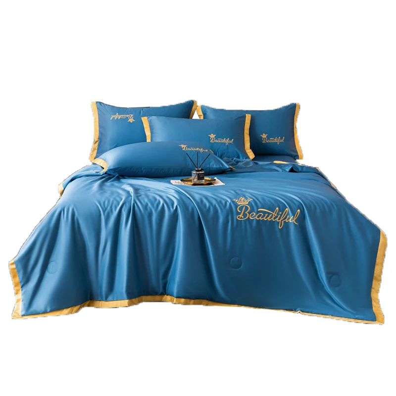 Washed silk fabric Embroidery design summer cool quilt four piece set