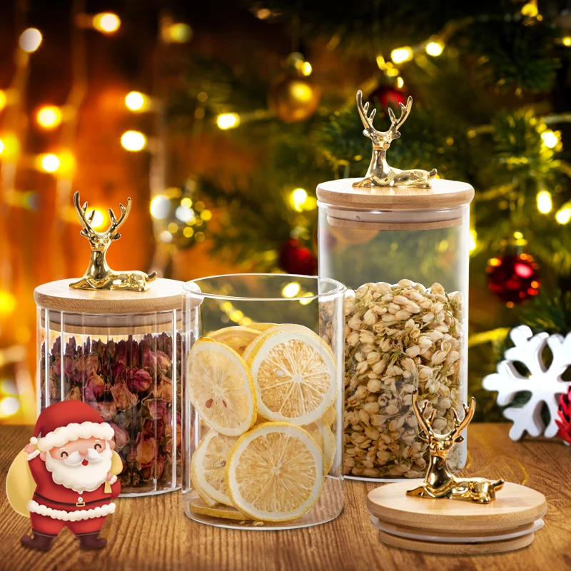 Wholesale High Borosilicate Glass with Bamboo Wood Lid with Elk Decoration Glass Jar Food Storage Glass Bottle Spice Storage