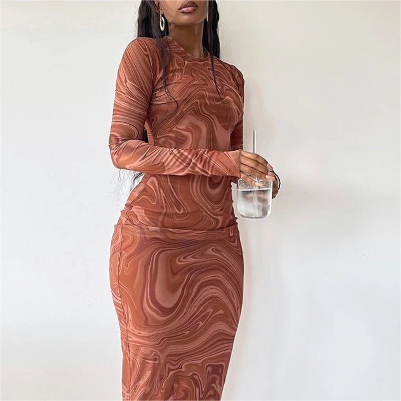 CA2472A 2022 New Arrivals Clothing For Women Long Sleeve Elegant Dresses Fashion Prints Crew Neck Dress For Ladies