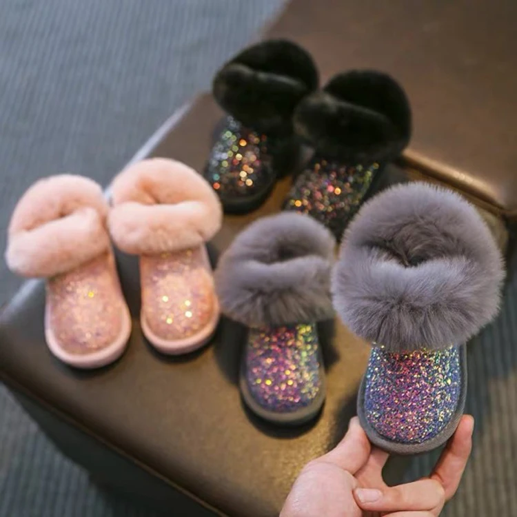 Classic High Quality Bling Bling Winter Warm Indoor Outdoor Flat Bottom Kids Boots